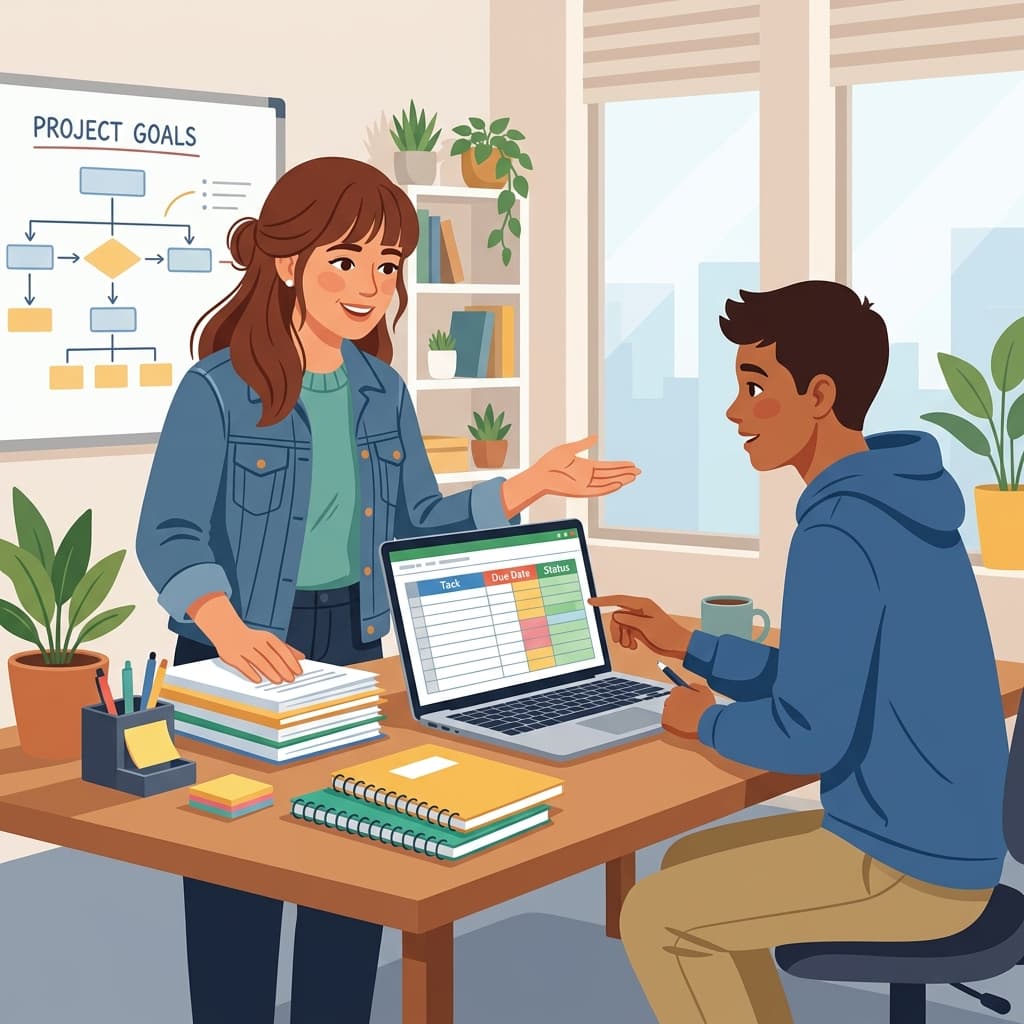 Ilustración de Gloria Estrella en su espacio de trabajo consultando una tablet
